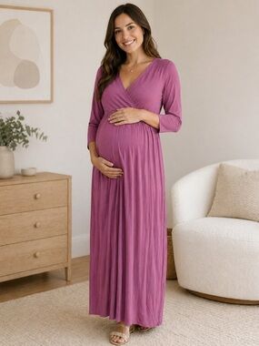 Mother Bee Maternity Mauve Wrap-Style Maxi Dress size Small